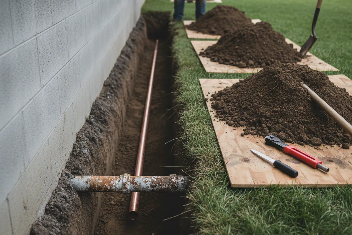 Excavated water line trench during Sewer Line Repair in Pinebluff